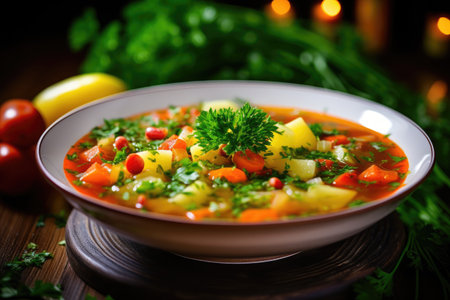Green bean pea carrot potato red bell pepper tomato and leek vegetable soup with parsley in the backの素材