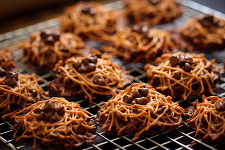 Homemade chow mein noodle cookies topped with butterscotch and milk chocolate chips are on a coolingの素材
