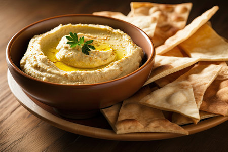 Homemade hummus healthy creamy with olive oil and pita chipsの素材