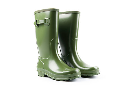 Green rubber boots isolated on white background in a studio shotの素材