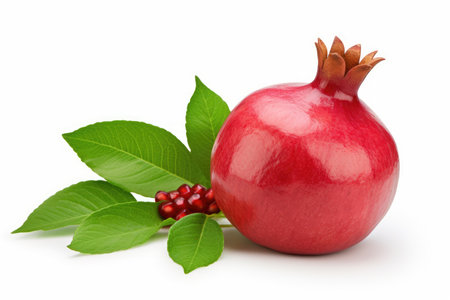High resolution image of a ripe pomegranate with green leaves isolated on a white backgroundの素材