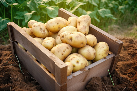 Harvesting organic potatoes in a wooden box in a fieldの素材