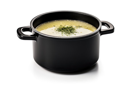 High quality photo of hot soup in a black pot on a white backgroundの素材