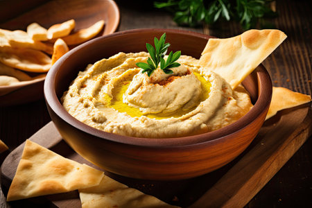 Homemade hummus with olive oil and pita chips that is healthyの素材