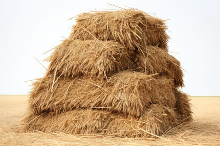 Haystacks isolated on white as agricultural symbolism of harvest with dried grass straw as a mountaiの素材