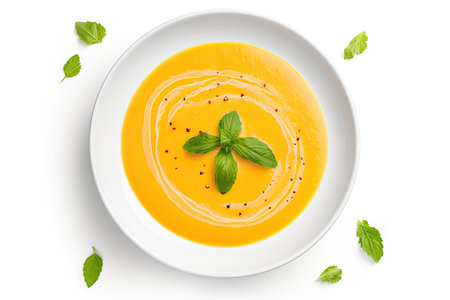 Healthy carrot soup on white backgroundの素材