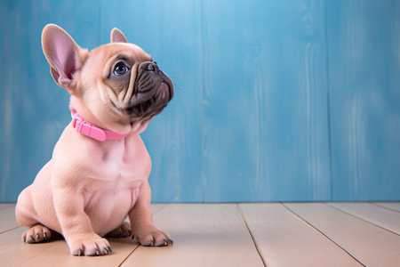 Inquisitive French bulldog gazes at owner eagerly waiting for playtime or a walk chewing gum isolateの素材