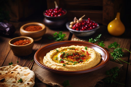 Hummus placed on a vintage tableの素材