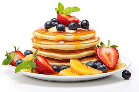 Pancakes with fruit and syrup on white background aloneの素材