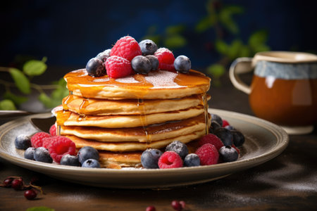 Rustic style healthy breakfast Fresh blueberry and raspberry American pancakes with honeyの素材