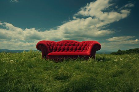 Red couch amid grassy fieldの素材