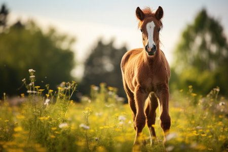 Summer field portrait of a young horseの素材
