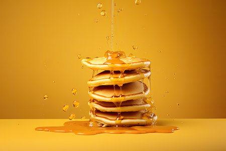 Pancakes flying falling on yellowの素材