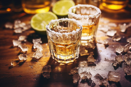Tequila Mexican shots with lime and salt filtered image focus on glassesの素材