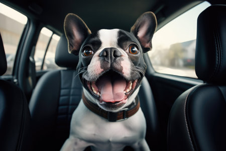Tongue out dog in car seatの素材