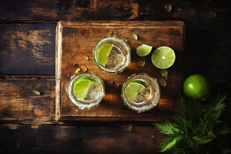 Top view of tequila shots with lime and saltの素材