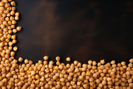 Top view of dried chickpeas on a dark surface with a borderの素材