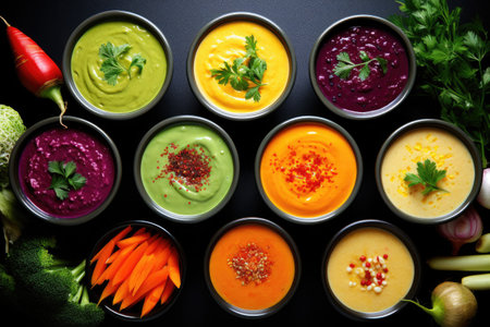 Top view of variety of colorful vegetables and soup ingredients Concept of healthy eating or vegetarの素材