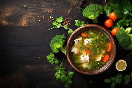 Vegetable filled chicken soup with broccoli from above on a brown backgroundの素材