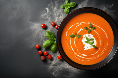 Top view of tomato soup in a black bowl with a grey stone background and copy spaceの素材