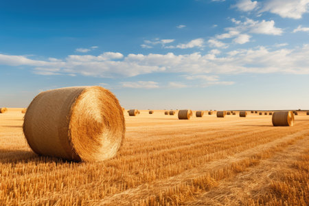 straw stacks on an empty fieldの素材