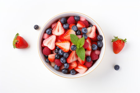 Top view of fruit salad on a white wooden background with strawberries blueberries and cherriesの素材