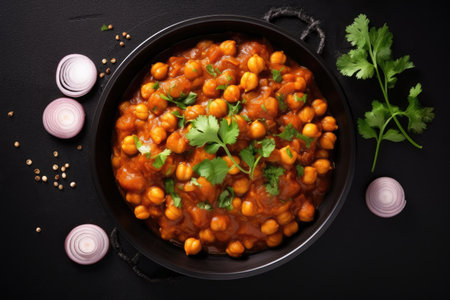 Top view of a spicy vegetarian Indian chickpea curry dish known as Chana Masala or Chole served in aの素材