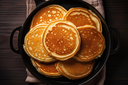 Top down view of a stack of pancakes on a cast iron panの素材