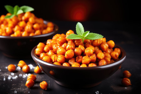 Trendy vegan snack Spicy chickpeas roasted and shown on dark backgroundの素材