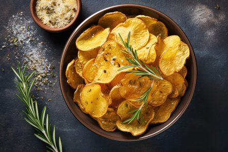 Top view of homemade potato chips with mustard rosemary fleur de sel salt on stone backdropの素材