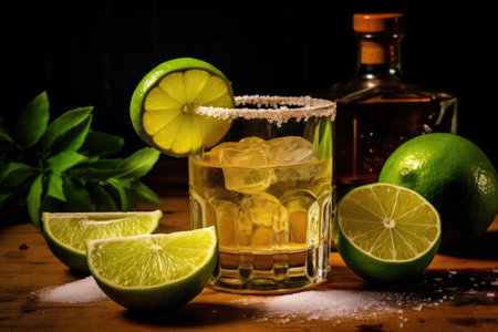 Tequila served with citrus fruit and salt on a textured backgroundの素材
