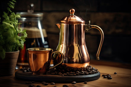 Barista prepares hot tasty drink in organic copper coffee potの素材