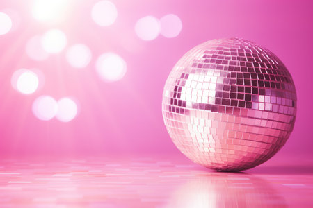 Abstract holiday background featuring a disco ball on pink backdrop adorned with contrasting sunlighの素材