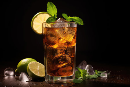 Alcoholic cocktail with rum soda mint and lime Dark background for textの素材