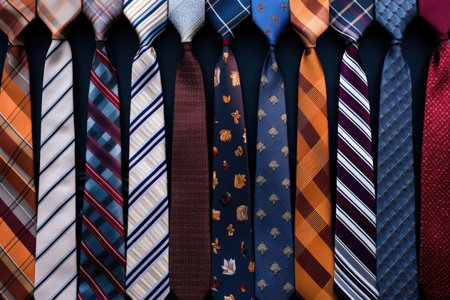 Assorted men s ties in various patterns and colors exhibited in a store or showroomの素材