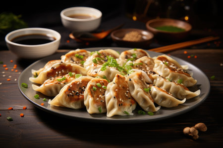 Asian pan fried gyoza dumplings with meat and mushrooms served on a ceramic plateの素材