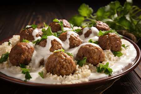 Arabic Cuisine Traditional Middle Eastern dish Kibbeh Bi Laban Tasty fried meatballs in yogurt sauceの素材