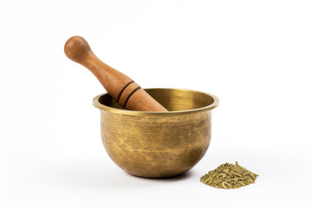 Antique brass mortar and pestle set apart on white backdropの素材
