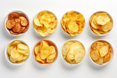 Assorted potato chips in bowls white background top viewの素材