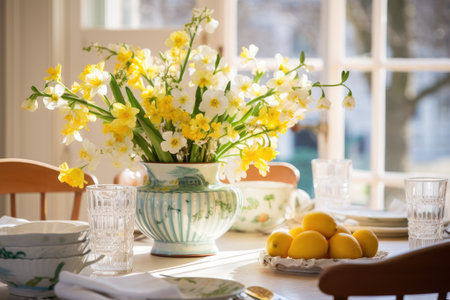 April kitchen with spring flowers on Easter tableの素材