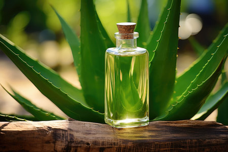 Background of tropical leaves with aloe vera essential oilの素材
