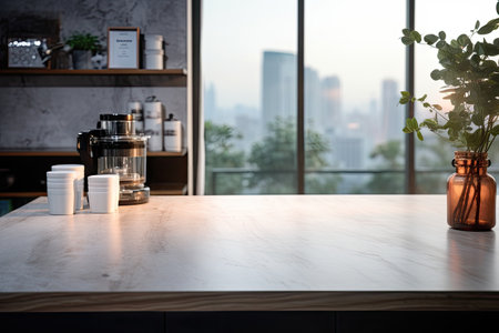 Blurred modern interior showcases product on kitchen table topの素材