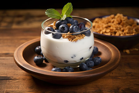 Blueberry granola Greek yogurt on stone tableの素材