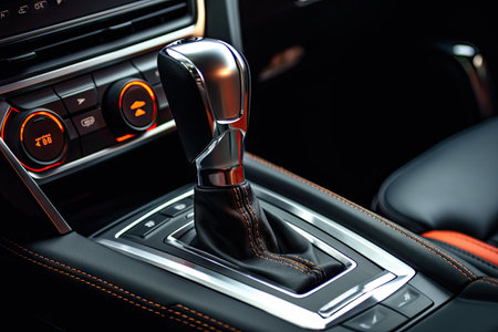 Automatic gear shift selector in car interior Closeup of modern car gear shifter on 4x4の素材