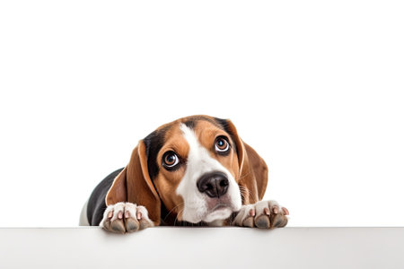 Beagle dog with paws on table white background For collage banners and designの素材