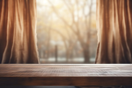 Blurred curtained window background with a wooden tableの素材