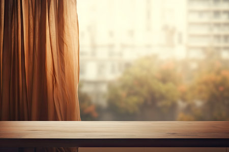 Blurry curtain background behind wooden table under unfocused windowの素材