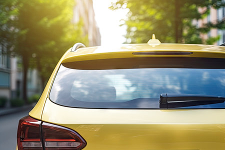 Car parked on a sunny street back window view Used for sticker designの素材
