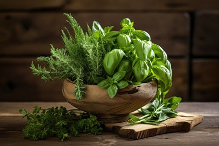 Close up view of fresh herbs in an olive wood mortar on a wooden tableの素材