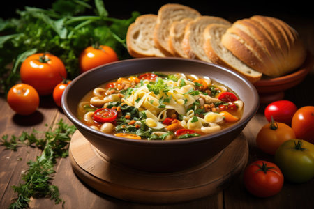 Vegetarian pasta soup on a wooden tableの素材
